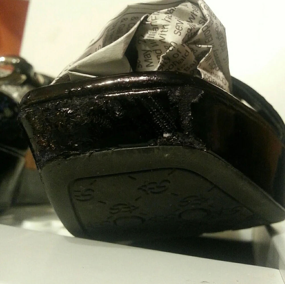 Franco Sarto black patent leather cork wedge shoes